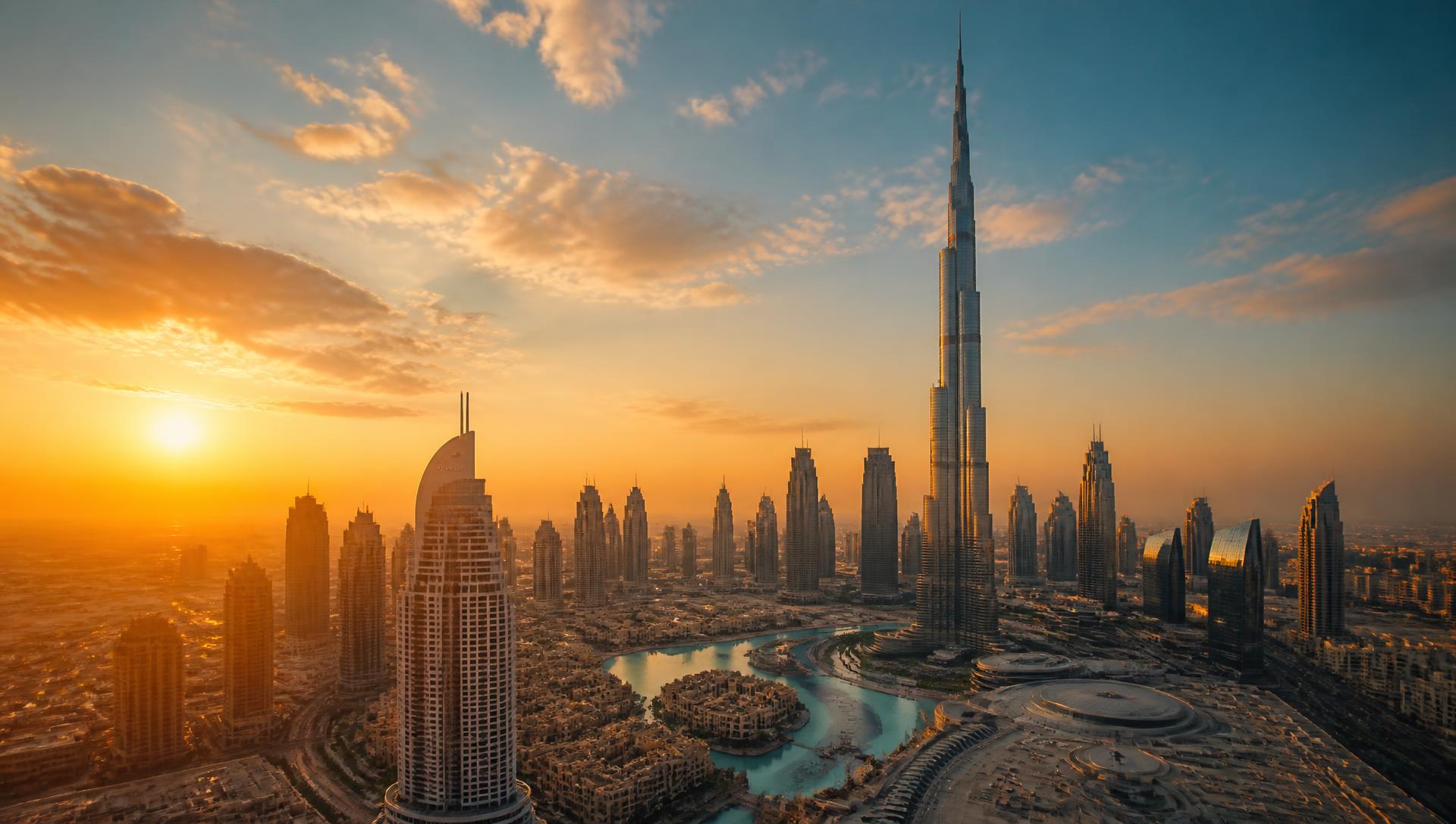 Dubai skyline with the Burj Khalifa at golden hour